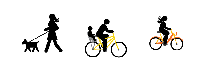 illustration of people walking dogs and riding bicycles