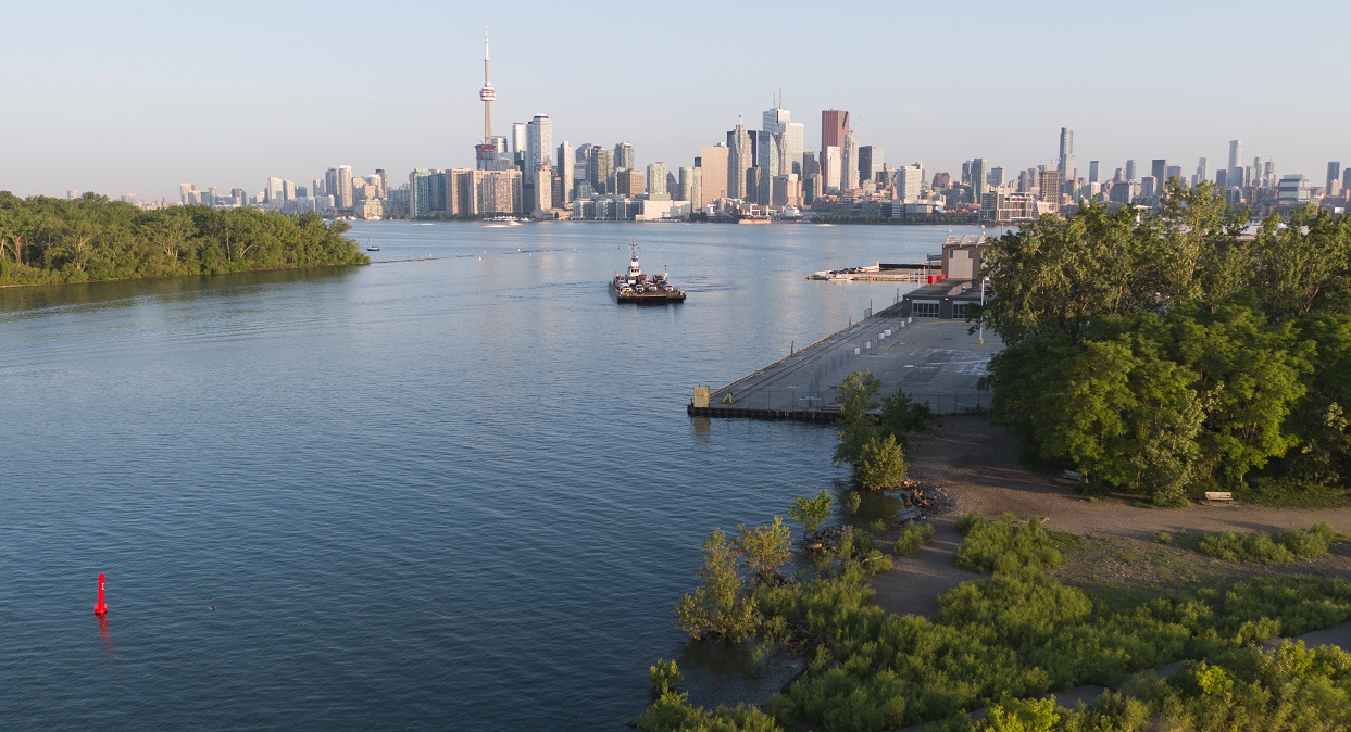 view of Toronto skyline from Tommy Thompson Park
