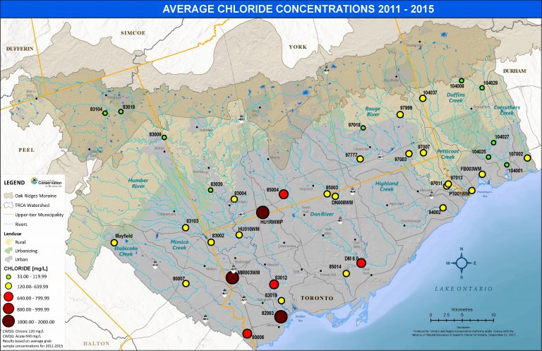 map showing average chloride concentrations in TRCA jurisdictions
